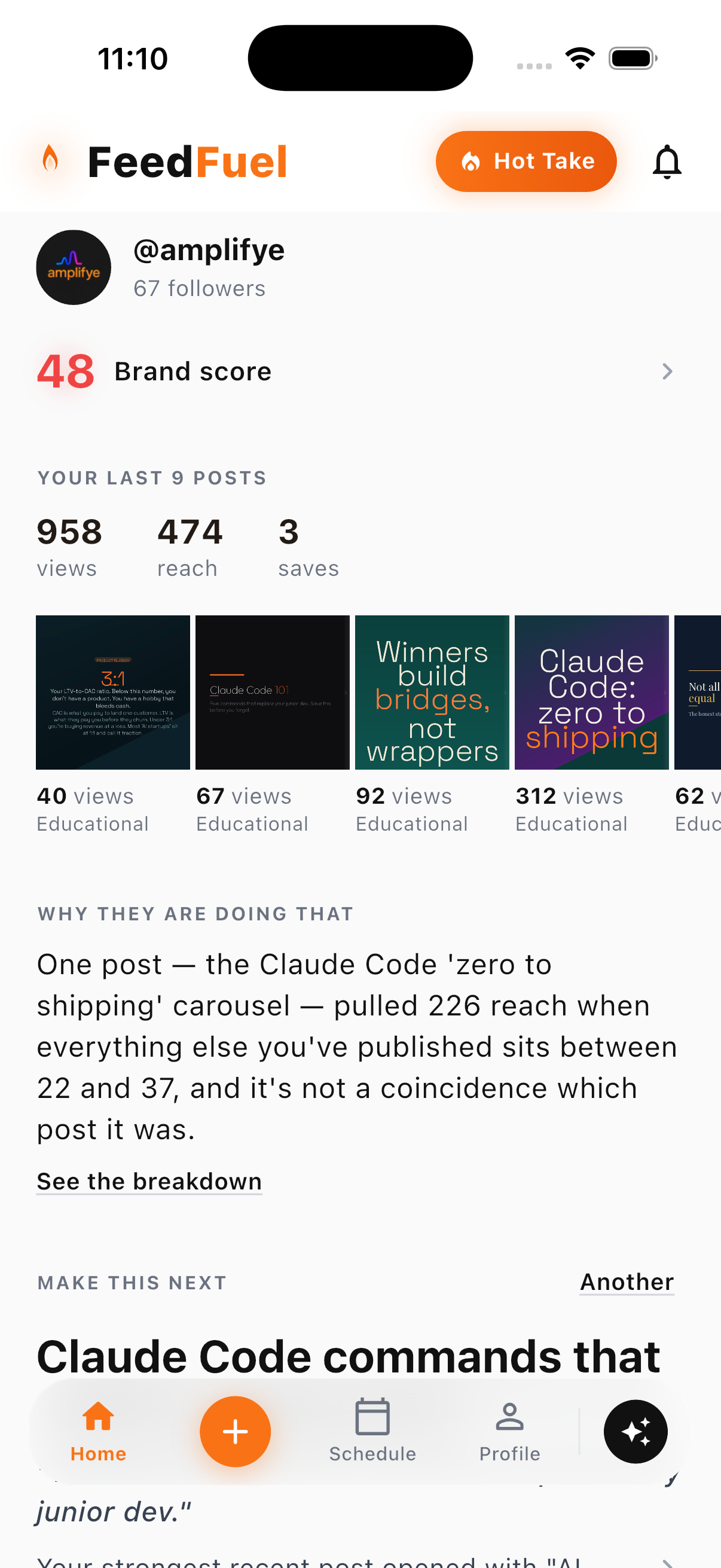 FeedFuel app showing the Amplifye profile and its recent posts