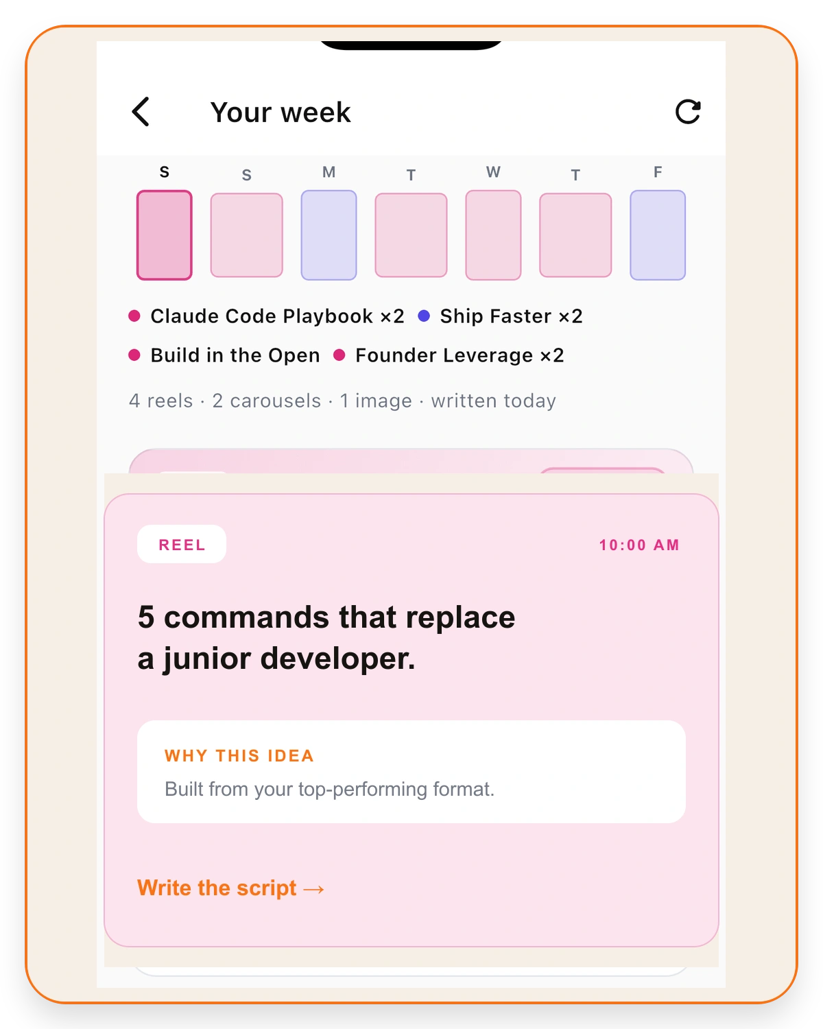 FeedFuel weekly plan with content formats and a suggested Reel idea
